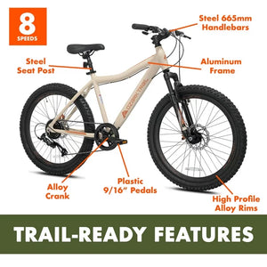 24" Ozark Trail Mountain Pro Off Road Trail Bike 8-Speed Bicycle, Vanilla