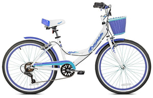24" Girl's Bayside Comfy Fit Beach Cruiser Bike, 7-Speed, White w/ Blue Accents